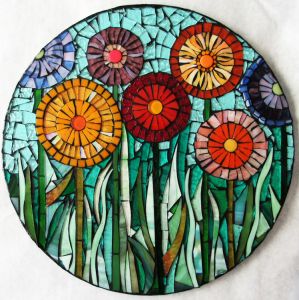 Glass mosaic on round wood base. 15"