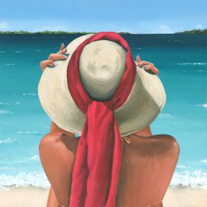 Woman overlooking the water, holding her hat 36x36
