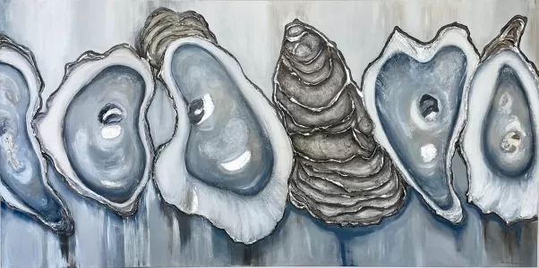Textured oysters made by sculpting paint onto canvas.