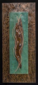 Hand tooled copper using chasing and repousse and finished with patinas that I create. Mixed with natural and organic elements found on my travels.