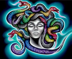 This piece depicts mythical giant, Medusa, using rainbow coloring to represent the LGBTQ community, and teal to represent sexual assault awareness.