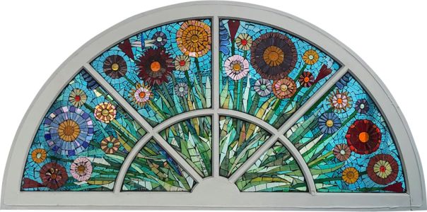 Glass mosaic on old window. 24"x48"